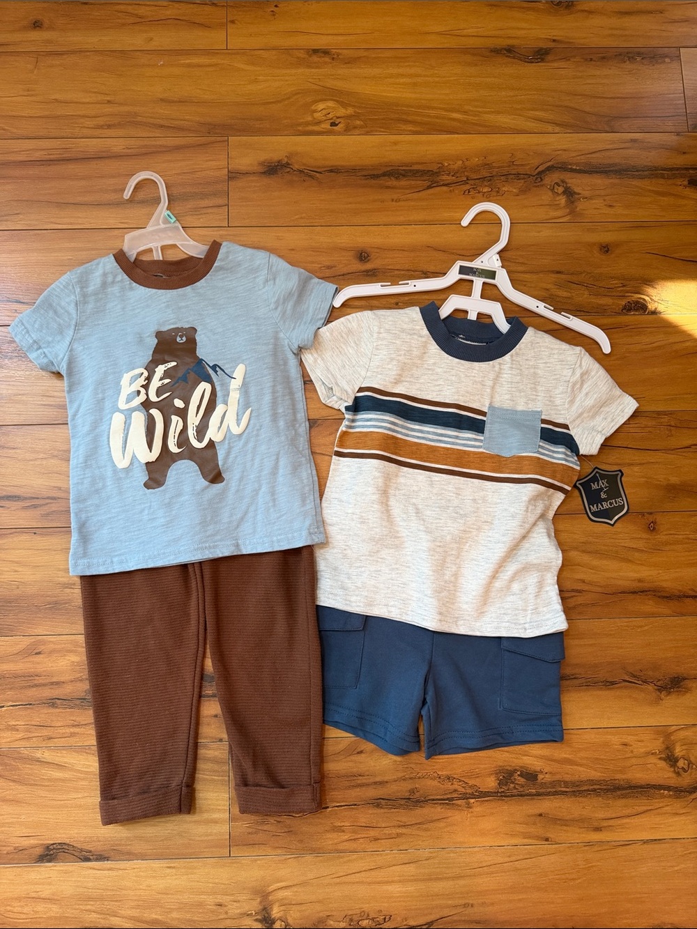 Max & Marcus boys 4T Light Blue & Brown  Set with Bear Graphic and Striped Tee